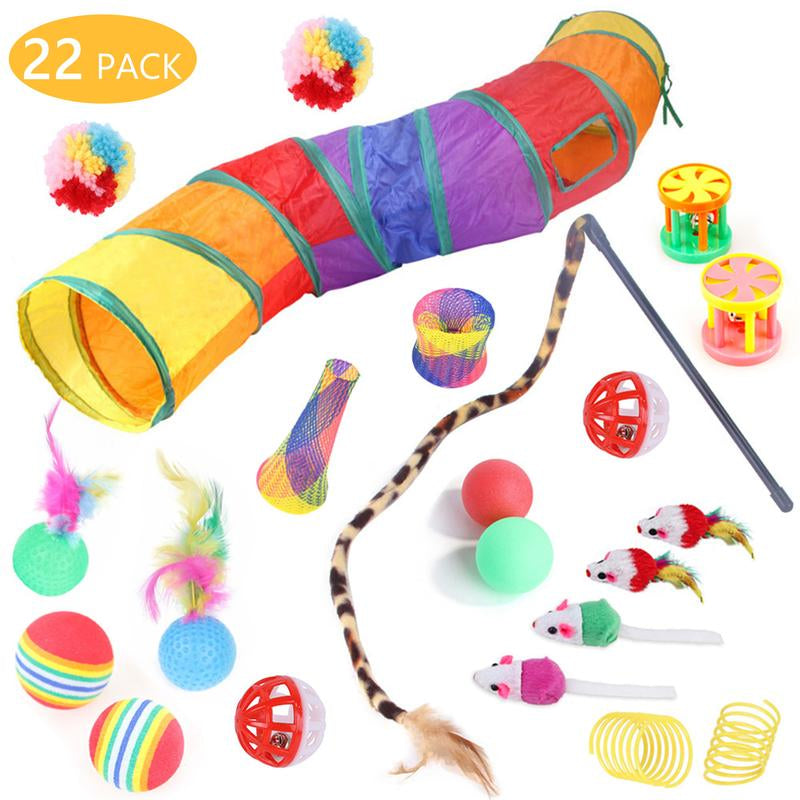 Cat Toys Set - 22Pcs Interactive Cat Toys for Kittens & Indoor Cats with Rainbow Tunnel, Feather Teaser Wand, Sisal Mice, Bell Balls & Crinkle Balls