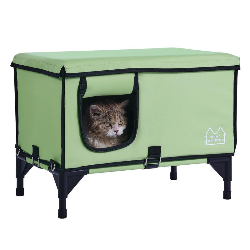 VEVOR Elevated Heated Cat House Cuboid Kitty Shelter with Heated Pad Green (S)