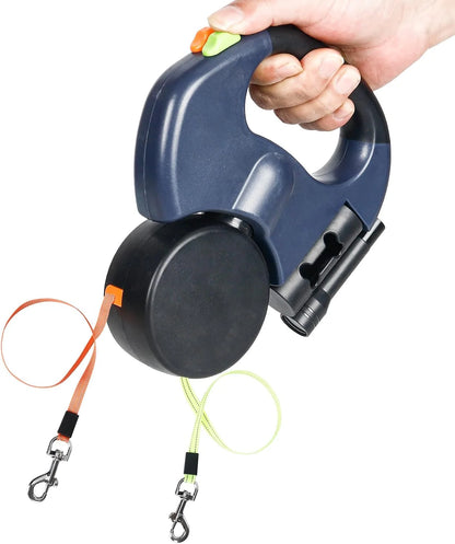 Dual Pet Retractable Leash with Reflective Features and 360° Swivel for Walking Two Dogs