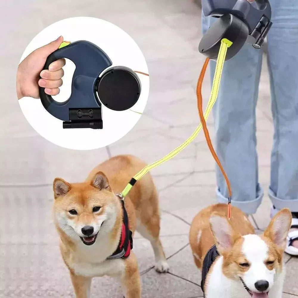 Dual Pet Retractable Leash with Reflective Features and 360° Swivel for Walking Two Dogs