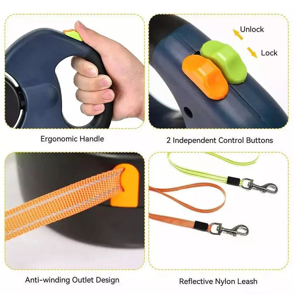 Dual Pet Retractable Leash with Reflective Features and 360° Swivel for Walking Two Dogs