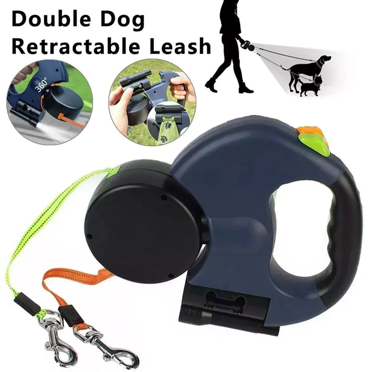 Dual Pet Retractable Leash with Reflective Features and 360° Swivel for Walking Two Dogs