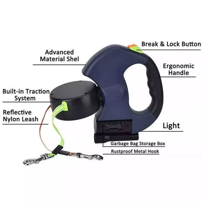 Dual Pet Retractable Leash with Reflective Features and 360° Swivel for Walking Two Dogs