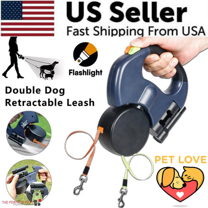 Dual Pet Retractable Leash with Reflective Features and 360° Swivel for Walking Two Dogs