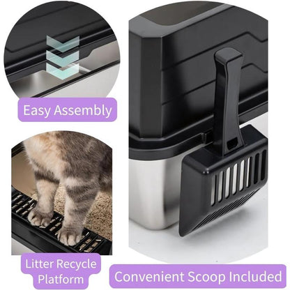 XXL Stainless Steel Cat Litter Box with High Side, Leak-Proof Design, Great for Big Cats & Multi-Cat Family