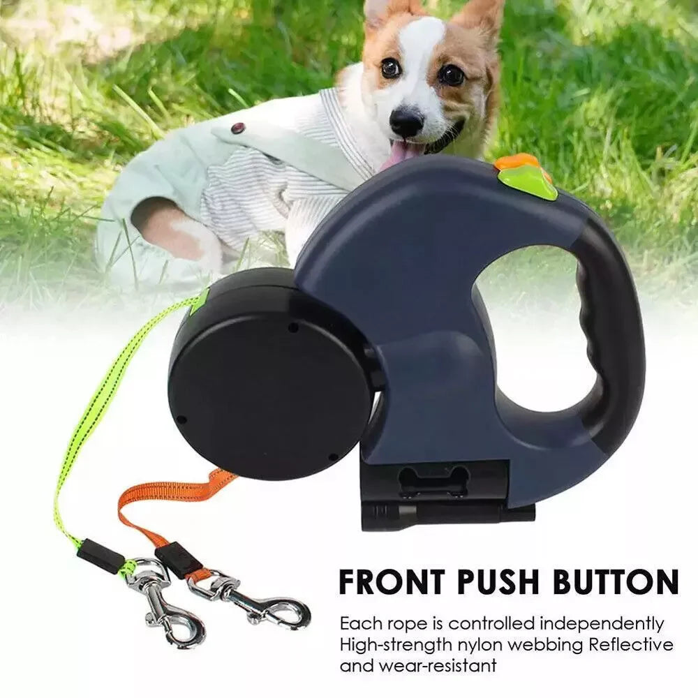 Dual Pet Retractable Leash with Reflective Features and 360° Swivel for Walking Two Dogs