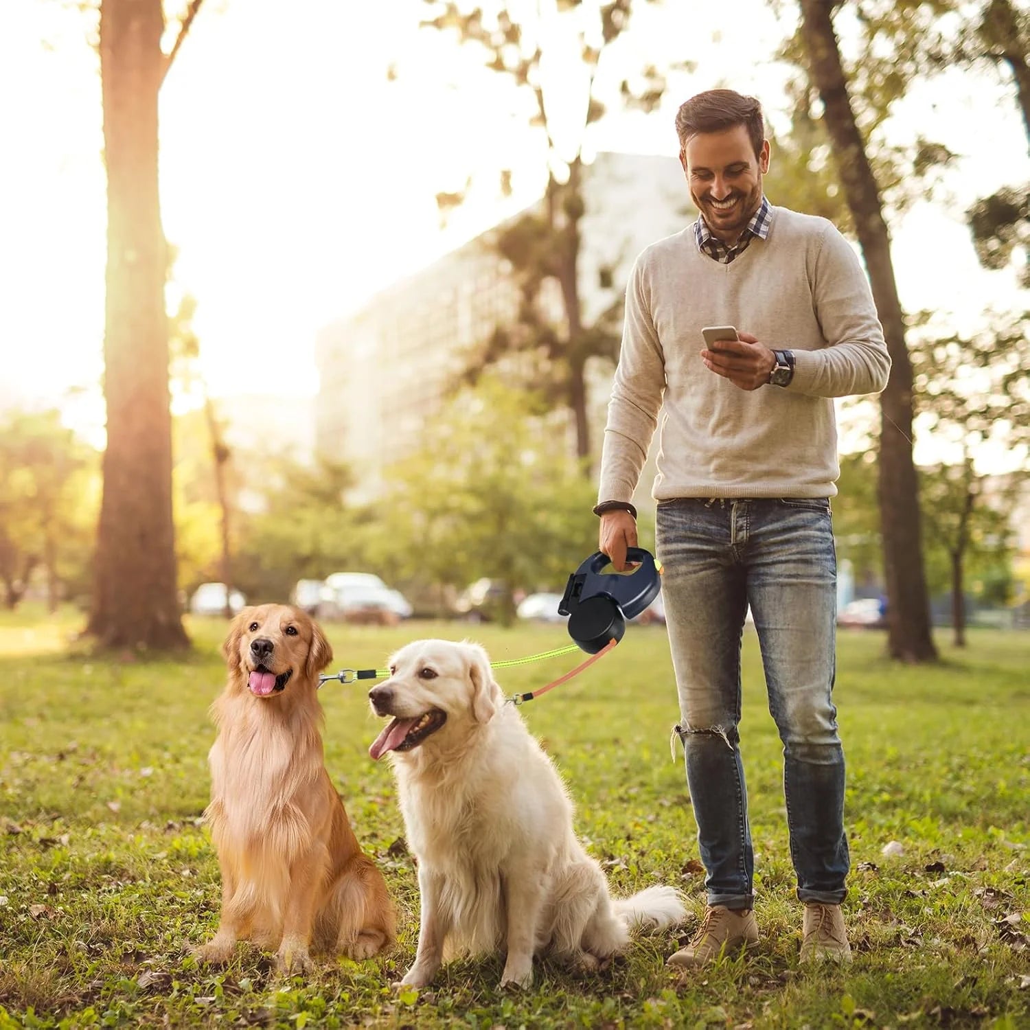 Dual Pet Retractable Leash with Reflective Features and 360° Swivel for Walking Two Dogs