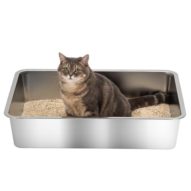 XXL Stainless Steel Cat Litter Box with High Side, Leak-Proof Design, Great for Big Cats & Multi-Cat Family