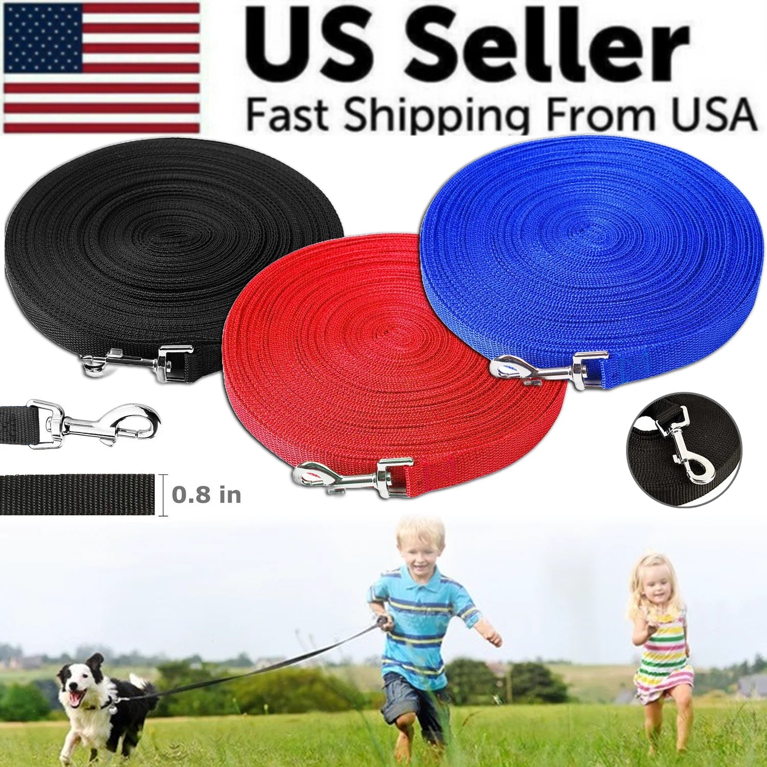 Long Dog Training Leash for Obedience and Recall - Available in 6, 15, 23, 33, 50, and 100 Feet