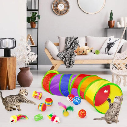 Cat Toys Set - 22Pcs Interactive Cat Toys for Kittens & Indoor Cats with Rainbow Tunnel, Feather Teaser Wand, Sisal Mice, Bell Balls & Crinkle Balls