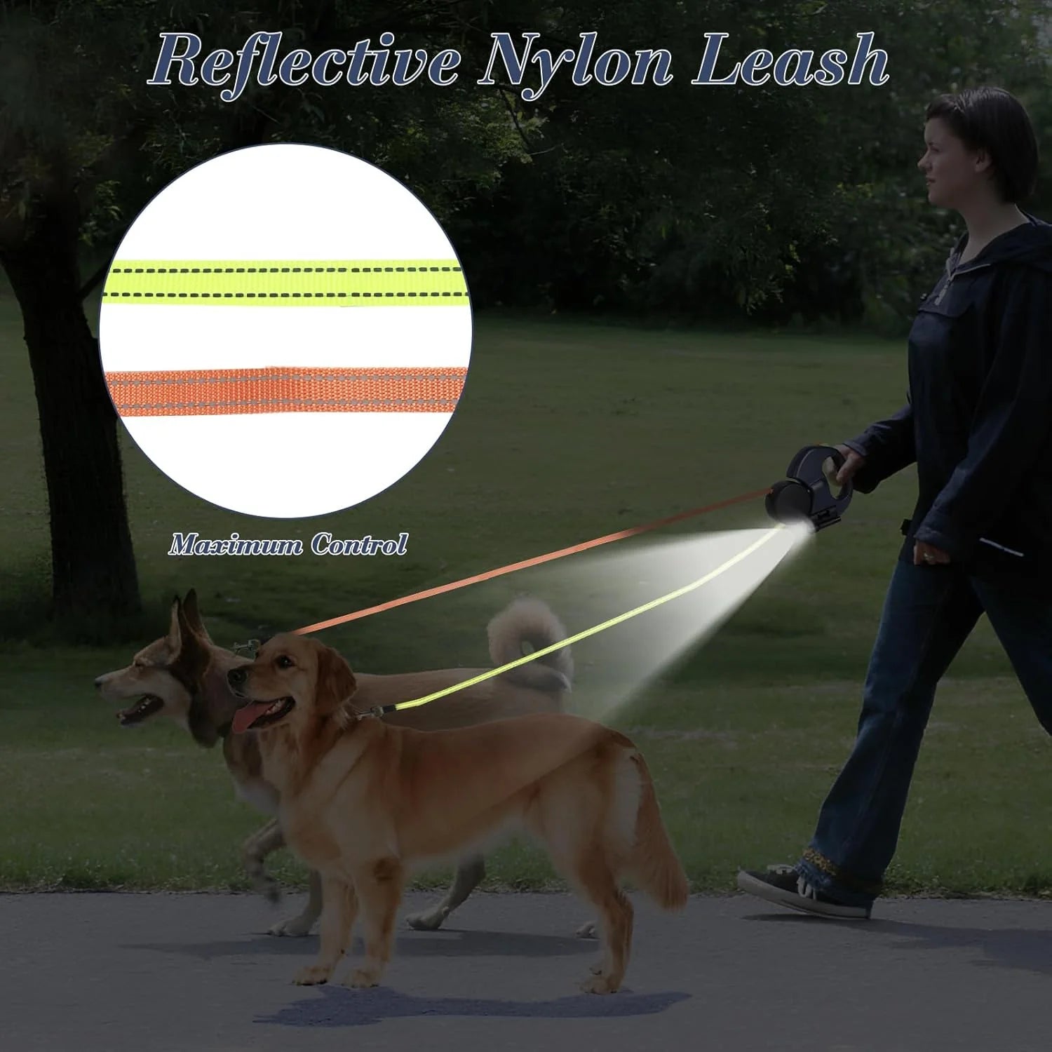 Dual Pet Retractable Leash with Reflective Features and 360° Swivel for Walking Two Dogs